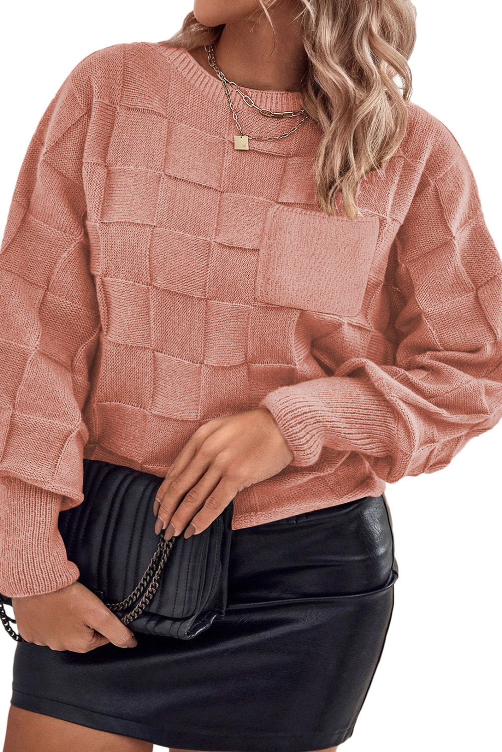 Rose Tan Solid Checkered Textured Knit Plus Size Sweater Dear-Lover Dropshipping